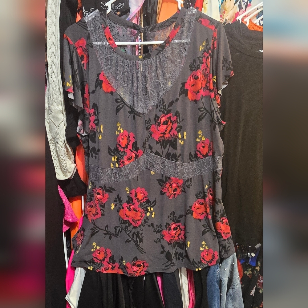 ❄️❄️ NWOT TORRID 2X Studio Knit Crew Neck Lace Inset Short Sleeve Peplum Top - Picture 2 of 5
